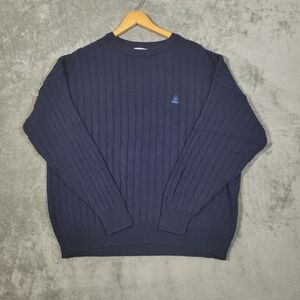 IZOD Mens XL Blue Cable Knit Cotton Crew Neck Pullover Sweater Made In USA